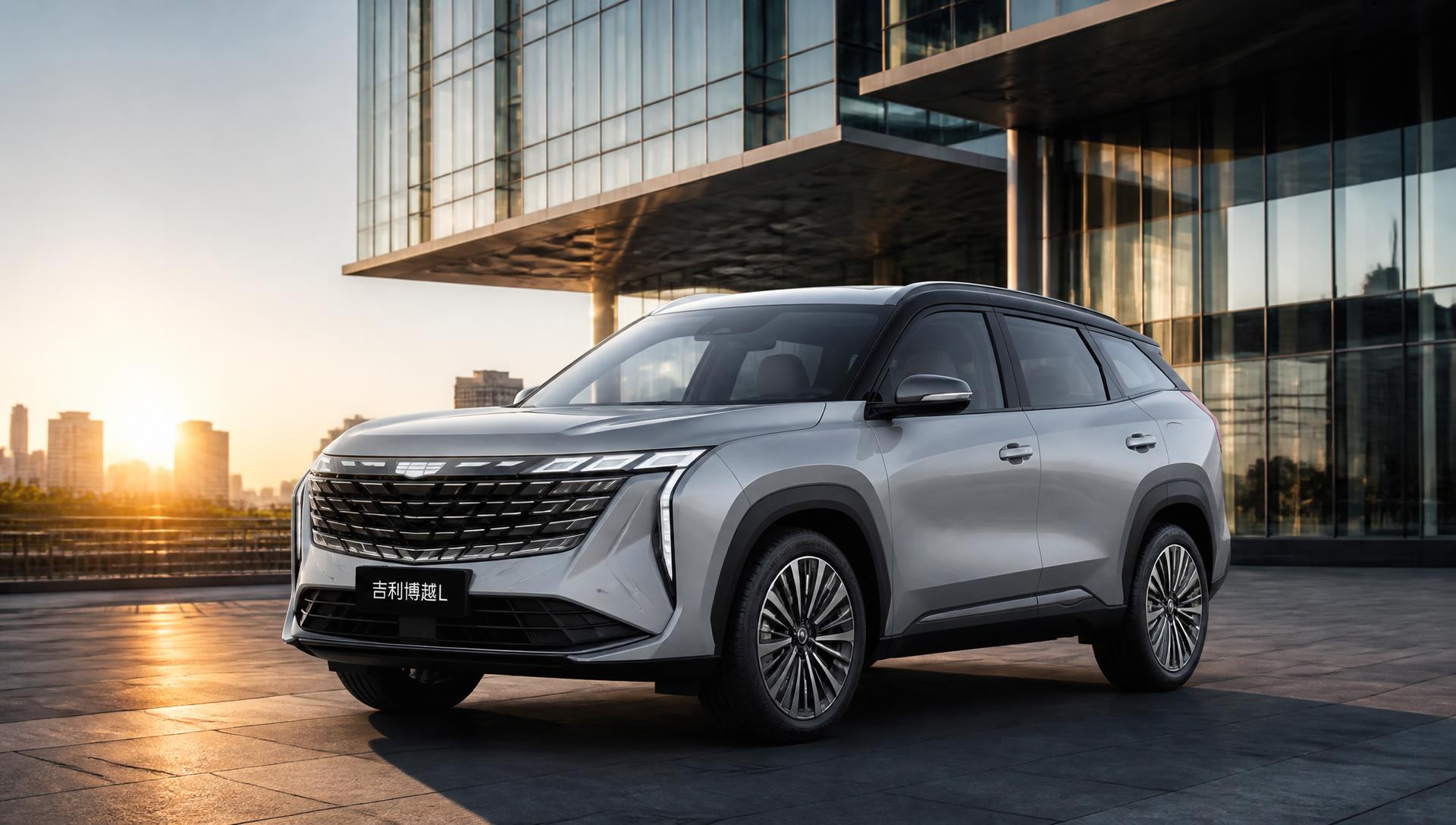 Modern SUV parked outside a contemporary showroom at sunset